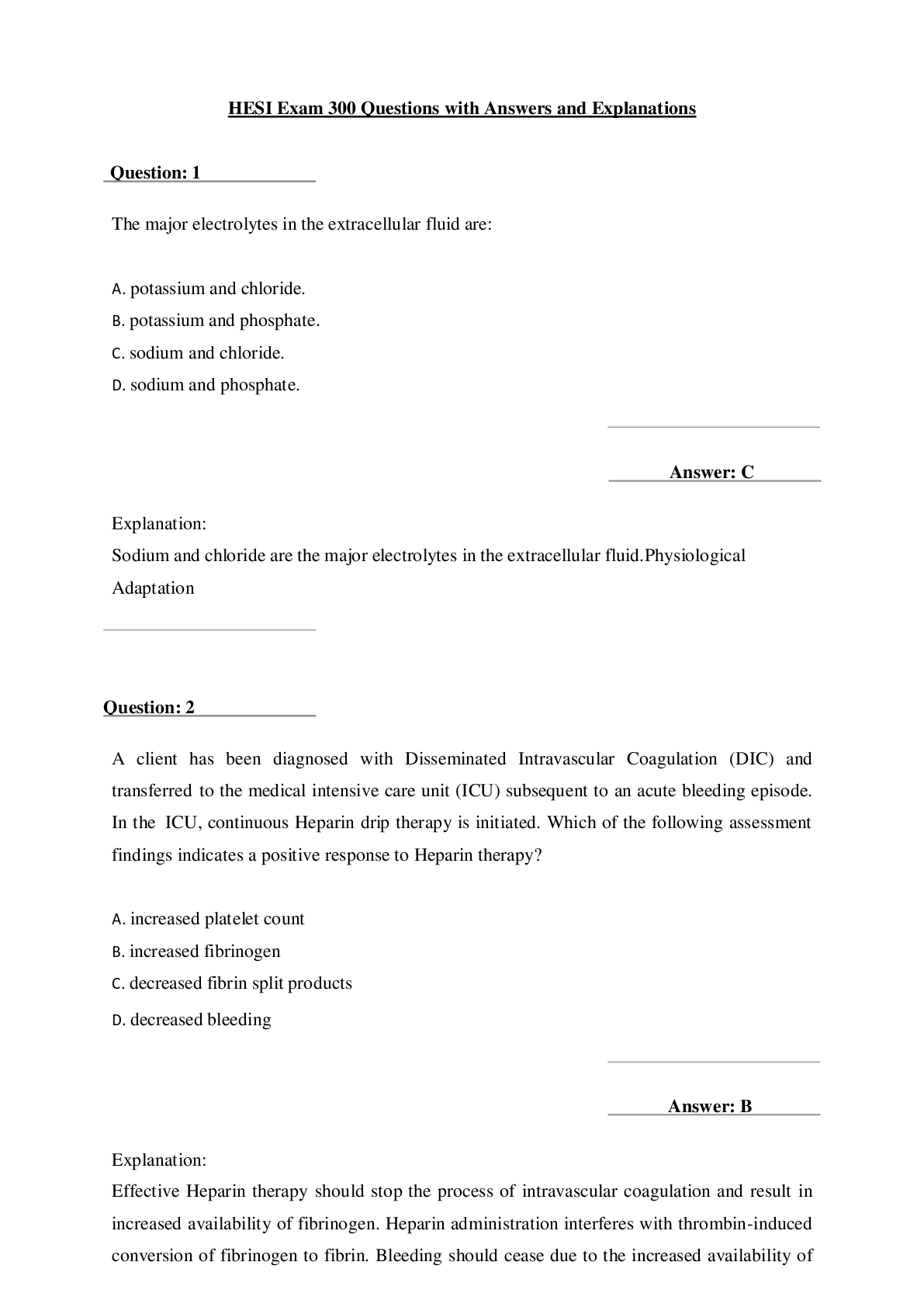 Preview image for HESI Exam 300 Questions with Answers and Explanations.